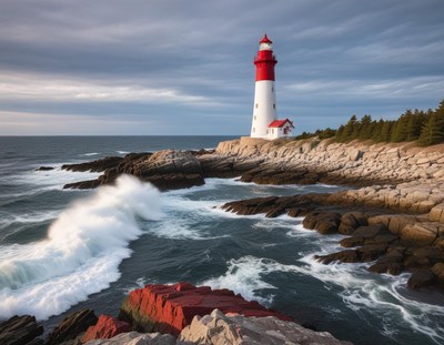 Scenic coastal lighthouse beside crashing waves at sunset
