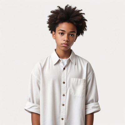 Curly-haired youth in a white shirt, standing still
