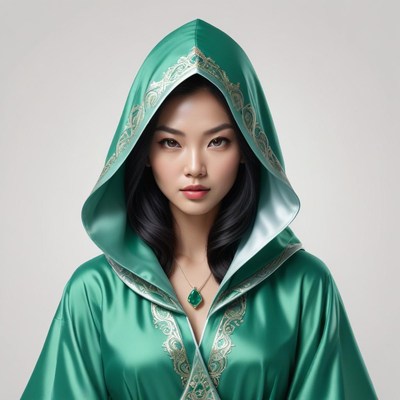 Elegant woman in emerald robe with hood