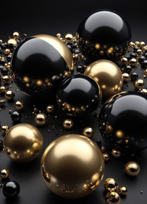 Shiny black and gold spheres arranged on a dark backdrop