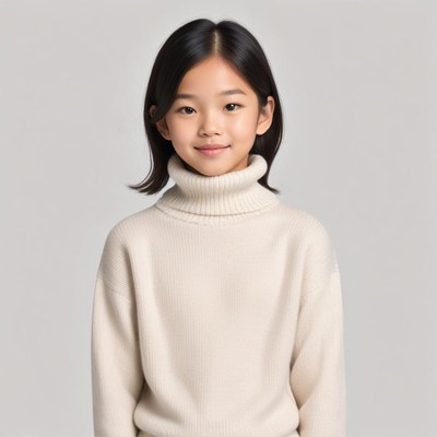 Smiling girl in cozy sweater on neutral background
