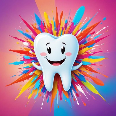 Happy tooth character with colorful paint splash background