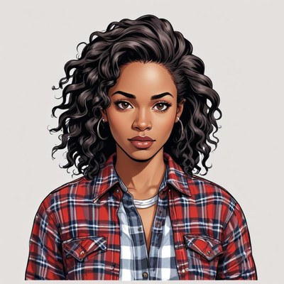 Confident woman with curly hair wearing plaid shirt