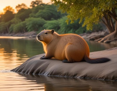 Capybara resting on riverbank at sunset