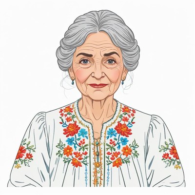 Elderly woman in floral-embroidered blouse