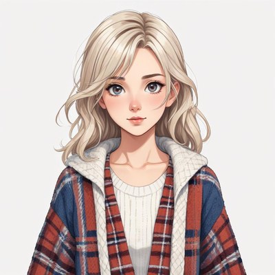 Young woman with light blonde hair in cozy plaid jacket