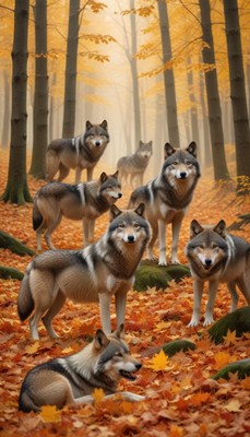 Wolves gather in a forest during autumn season