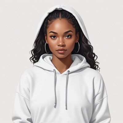 Young woman in a white hoodie with curly hair