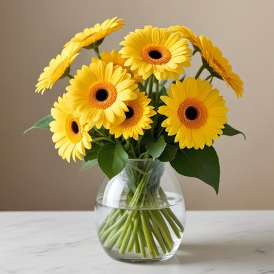 Bright yellow sunflowers in a clear vase