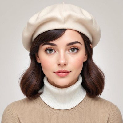 Young woman in beret and turtleneck sweater posing indoors