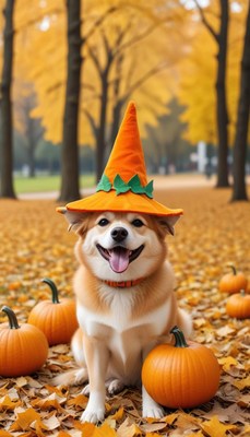 Happy dog in a pumpkin patch during autumn season