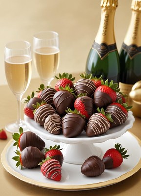 Chocolate strawberries and champagne on a stand