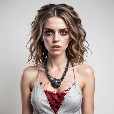 Young woman with dramatic makeup and a blood-stained dress