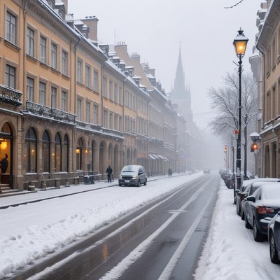Snowy winter street by historic buildings in poland