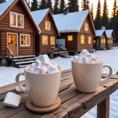 Hot cocoa with marshmallows outside cozy cabins at sunset
