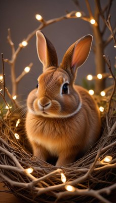 Cute rabbit sitting in a cozy nest with fairy lights