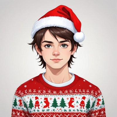 Young boy wearing a festive sweater and christmas hat