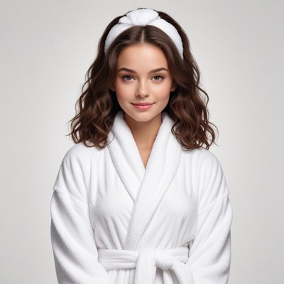 Woman in bathrobe with curly hair and headband