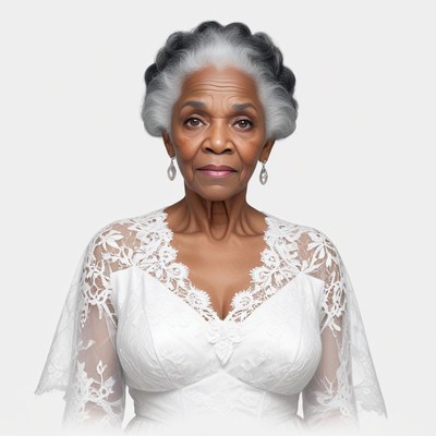 Elegant older woman wearing bridal gown and accessories