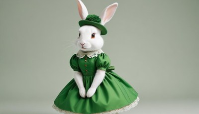 Bunny in a green dress poses for a joyful spring scene