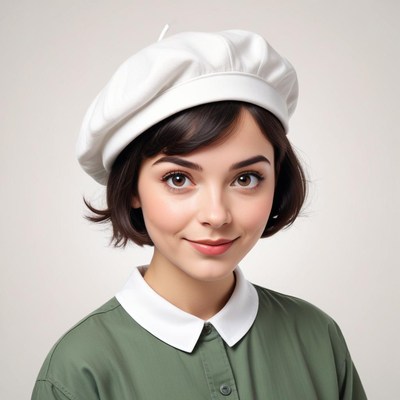 Young woman wears a white beret with a green shirt