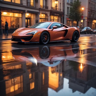 Luxury sports car parked on a wet city street at night