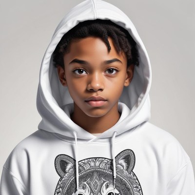 Young boy wearing a hooded sweatshirt with a bear design