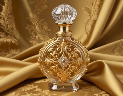 Elegant glass perfume bottle with intricate gold design