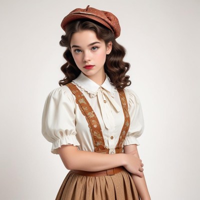 Young woman in vintage attire poses gracefully indoors