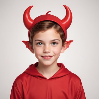 Young boy dressed in a red devil costume with horns