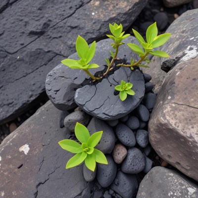 Green plants growing among gray stones in a natural setting