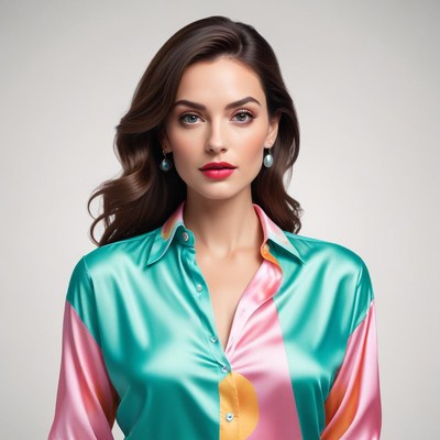 Elegant woman poses in colorful silk shirt with makeup