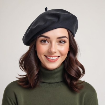 Woman smiling in a stylish black beret and green sweater