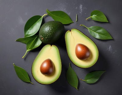 Avocados with leaves arranged on dark surface