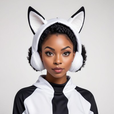 Model wears playful cat ear headphones in a studio