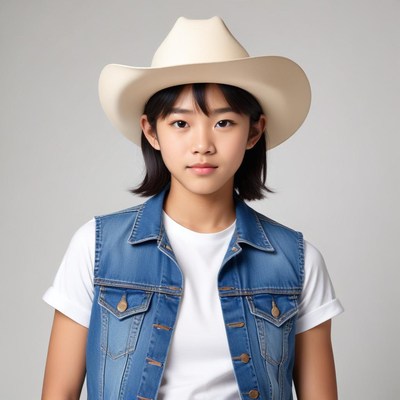 Young girl in cowboy hat with denim vest and white shirt