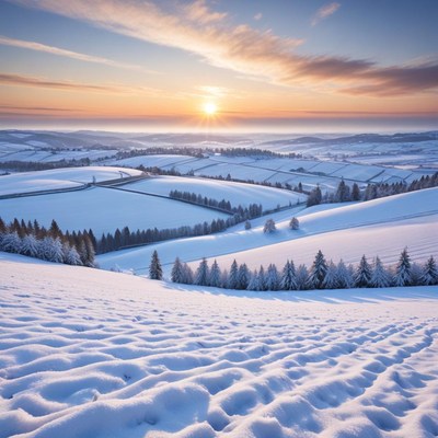 Stunning winter sunset over snowy landscape in countryside