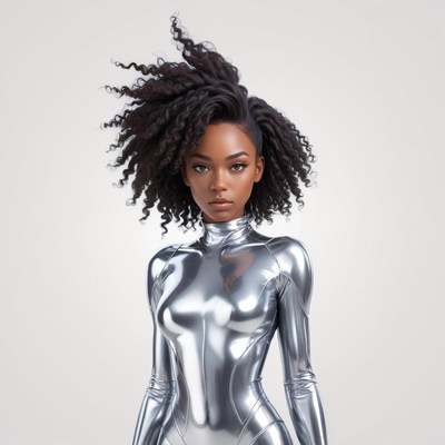 Model in shiny silver outfit poses with confidence