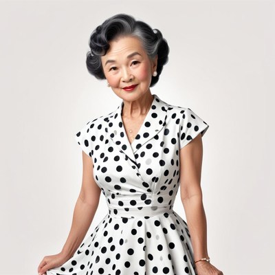 Elegant woman in polka dot dress poses for the camera