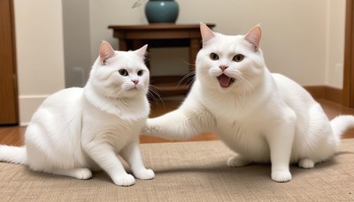 Two white cats interact playfully in a cozy room