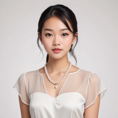 Elegant woman wearing pearls in soft lighting