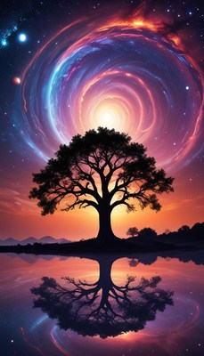 Majestic tree silhouetted against a cosmic swirl