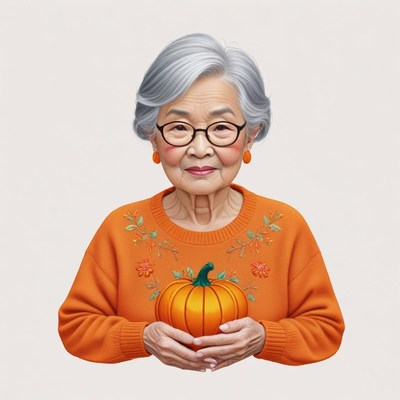 Elderly woman holds pumpkin in cozy autumn sweater