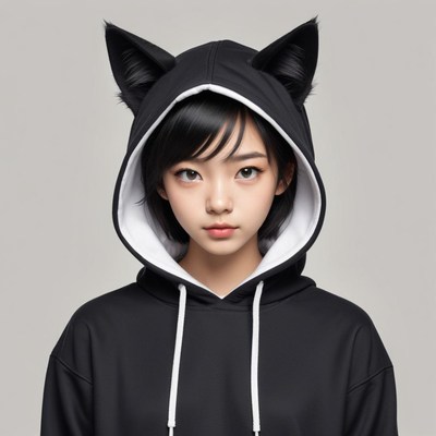 Young person wearing cat-eared hoodie in a neutral setting