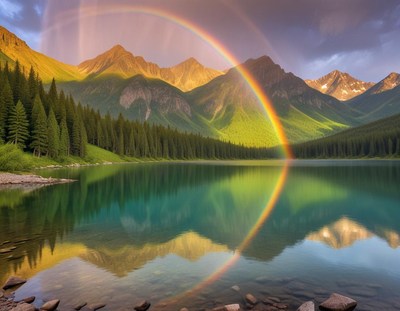 Rainbow arches over serene mountain lake at sunset