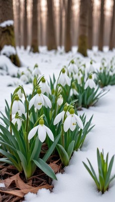 Snowdrops blooming in a snowy forest during winter