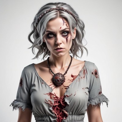 Haunting figure with a distressed expression in eerie attire