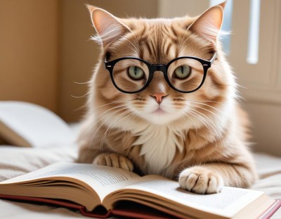 Cat wearing glasses reading a book indoors at home