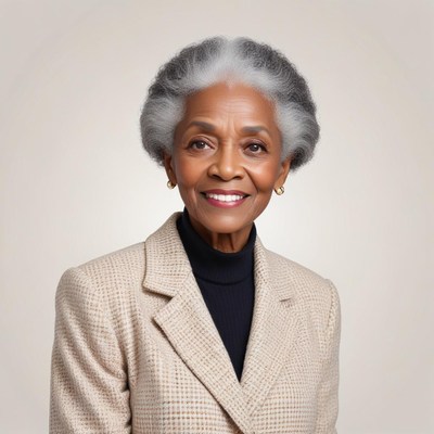 Proud elderly woman smiles warmly in professional attire