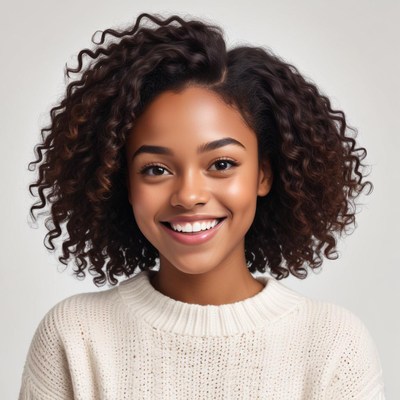 Smiling woman with curly hair in cozy sweater